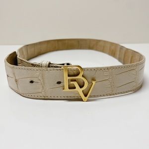 RARE Vintage Bottega Veneta Gold BV Logo Monogram Cream Matte Crocodile Belt S